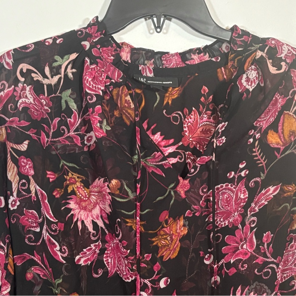 INC Black Pink Floral Sheer Long Sleeve Peasant Blouse Size L - Picture 2 of 10